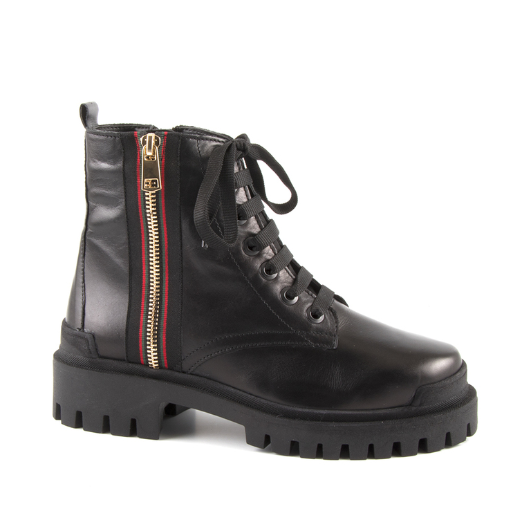 Benvenuti women's combat boots in black leather with deco zipper 900DG263N