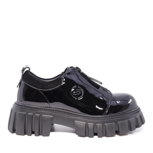 Women's Benvenuti black patent leather shoes with front zipper 3746DP503LN.