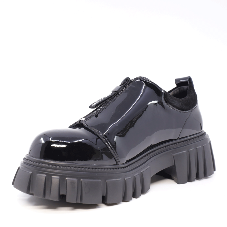 Women's Benvenuti black patent leather shoes with front zipper 3746DP503LN.