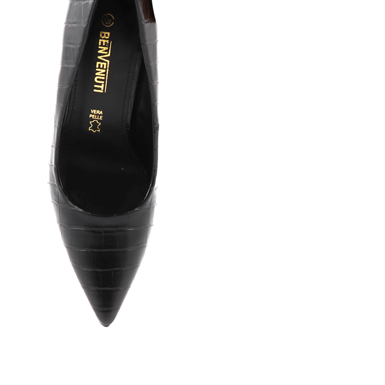 Benvenuti women's stiletto pumps in black faux leather with croco print high heel 1201DP2354CN