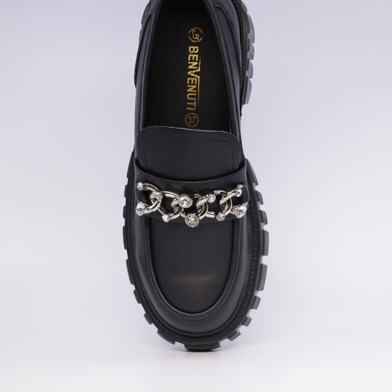 Pantofi tip loafer femei Benvenuti negri din piele cu lanț deco 3747DP501N
