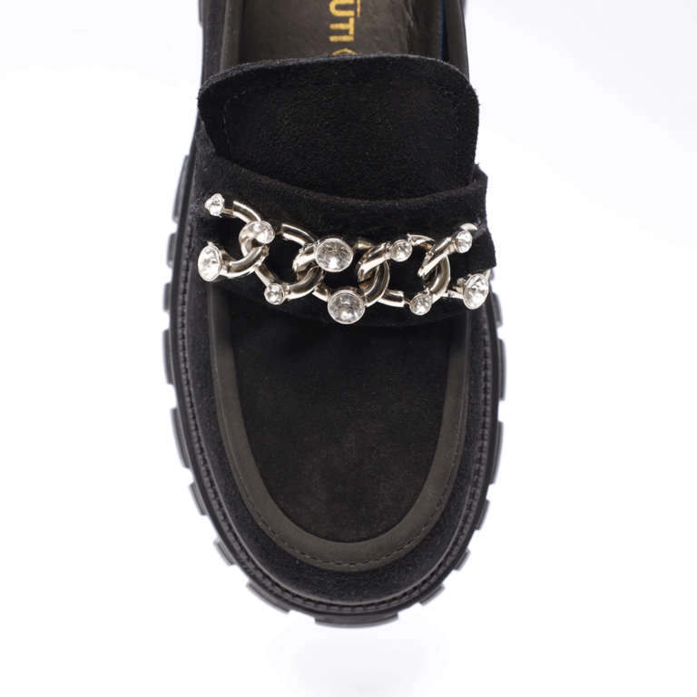 Pantofi tip loafer femei Benvenuti negri din piele întoarsă cu lanț deco 3746DP501VN