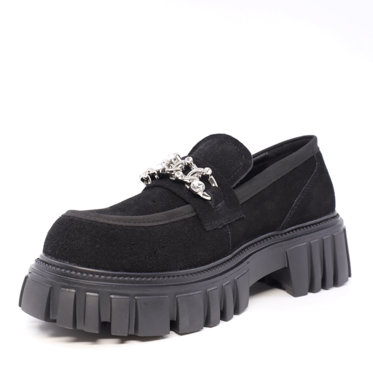 Pantofi tip loafer femei Benvenuti negri din piele întoarsă cu lanț deco 3746DP501VN