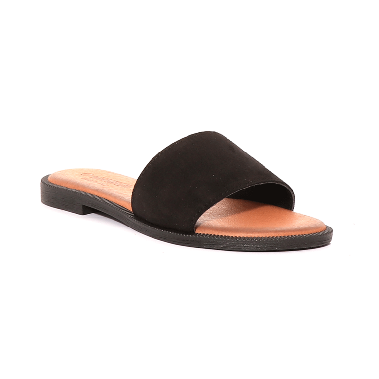 Benevenuti Women's black suede leather open toe single strap flat mules 1801DST14928VN