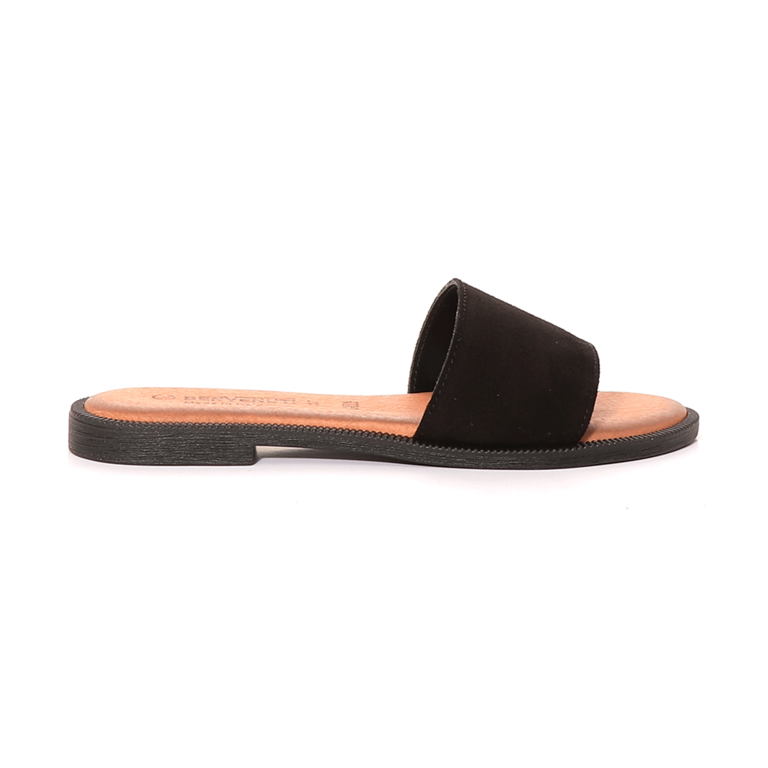 Benevenuti Women's black suede leather open toe single strap flat mules 1801DST14928VN