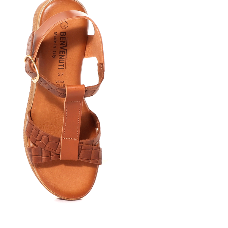Benvenuti Women's cognac brown leather wedge sandals 1801DS15110CU