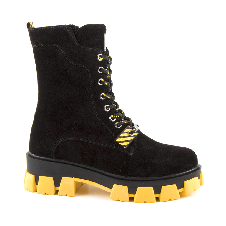 Enzo Bertini women's combat boots in black suede with yellow sole 3780DG355008VN