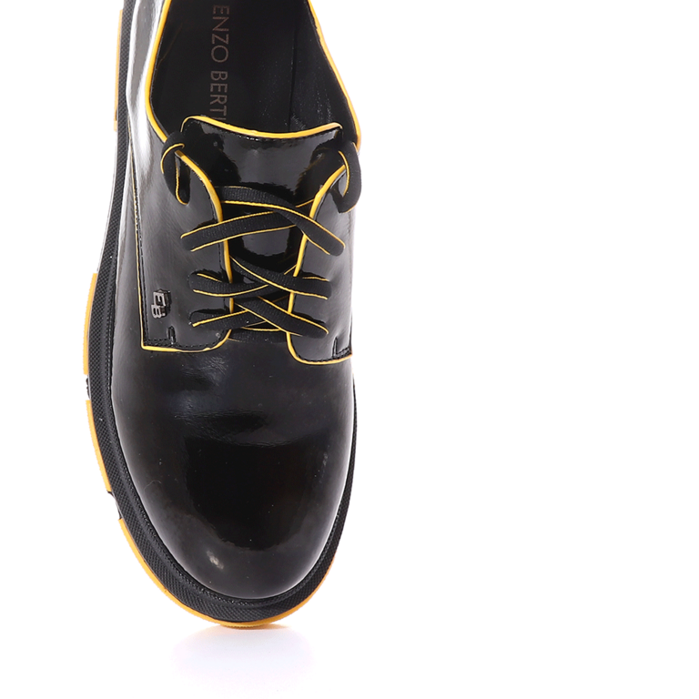 Pantofi derby femei Enzo Bertini negri lăcuiți cu detalii galbene 1121DP9132LN