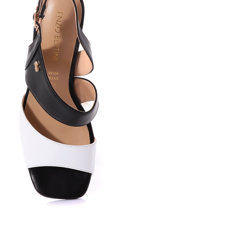 Sandale femei Enzo Bertini negre cu alb din piele cu toc mediu 1121DS2821AN