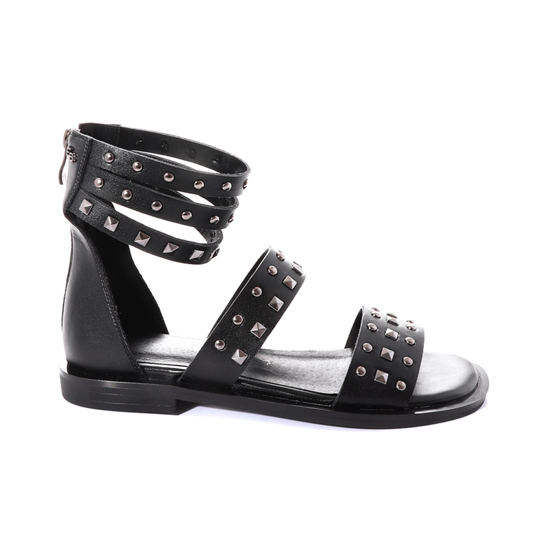 Enzo bertini women's glam sandals in black leather with metallic rivets 1121DS7066N