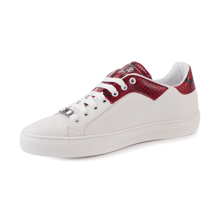Roberto Cavalli men sneakers in white leather with red snake print leather details 3491BP10728A