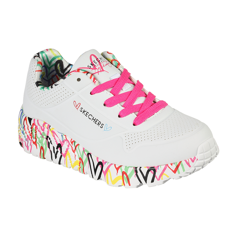 Pantofi sport femei Skechers albi cu inimioare colorate 1965dp314976a