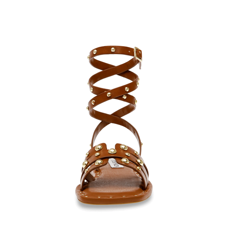 Women's Steve Madden sandals in cognac brown leather with gold accessories 1467DSTRUSTEECO