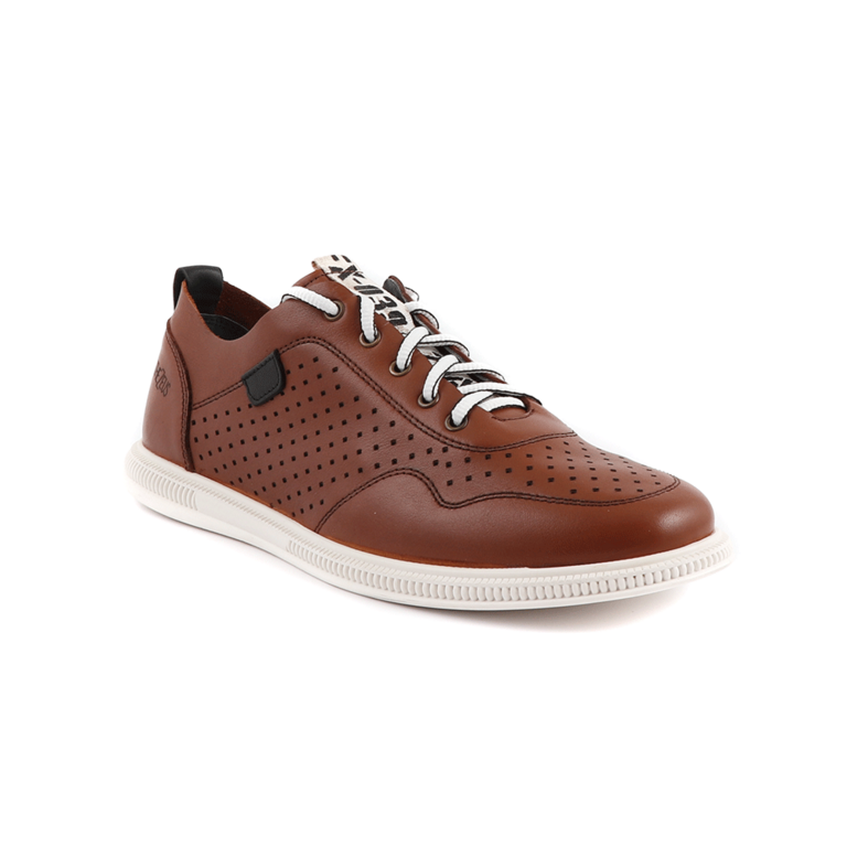 TheZeus Men's cognac brown leather perforated detail sneakers 2101BP03925CU