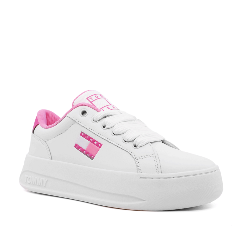 Sneakers femei Tommy Hilfiger albi-bej din piele naturală cu logo lateral și frontal 3417DP2500A