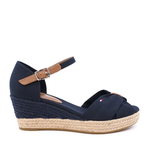 Tommy Hilfiger women wedge sandals in navy genuine leather and fabric 3415DS4785BL