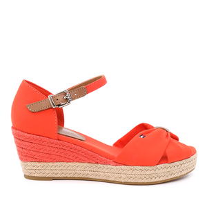 Tommy Hilfiger women wedge sandals in orange genuine leather and fabric 3415DS4785PO