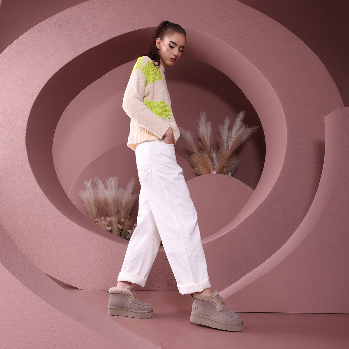 Ghete scurte cu blană femei Benvenuti taupe din piele întoarsă 1270DG1011VTA