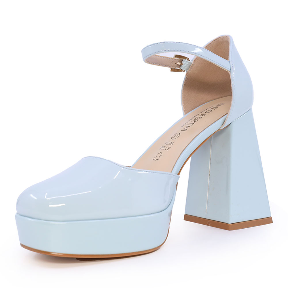 Pantofi Mary Jane femei Enzo Bertini albastri din piele lăcuită cu toc și platformă 1127DD4447LAZ