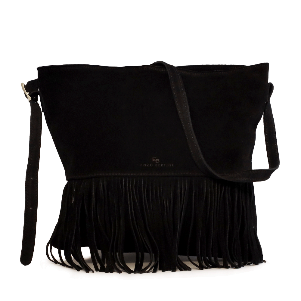 Poseta boho femei Enzo Bertini neagra din piele intoarsa 154POSP3625N