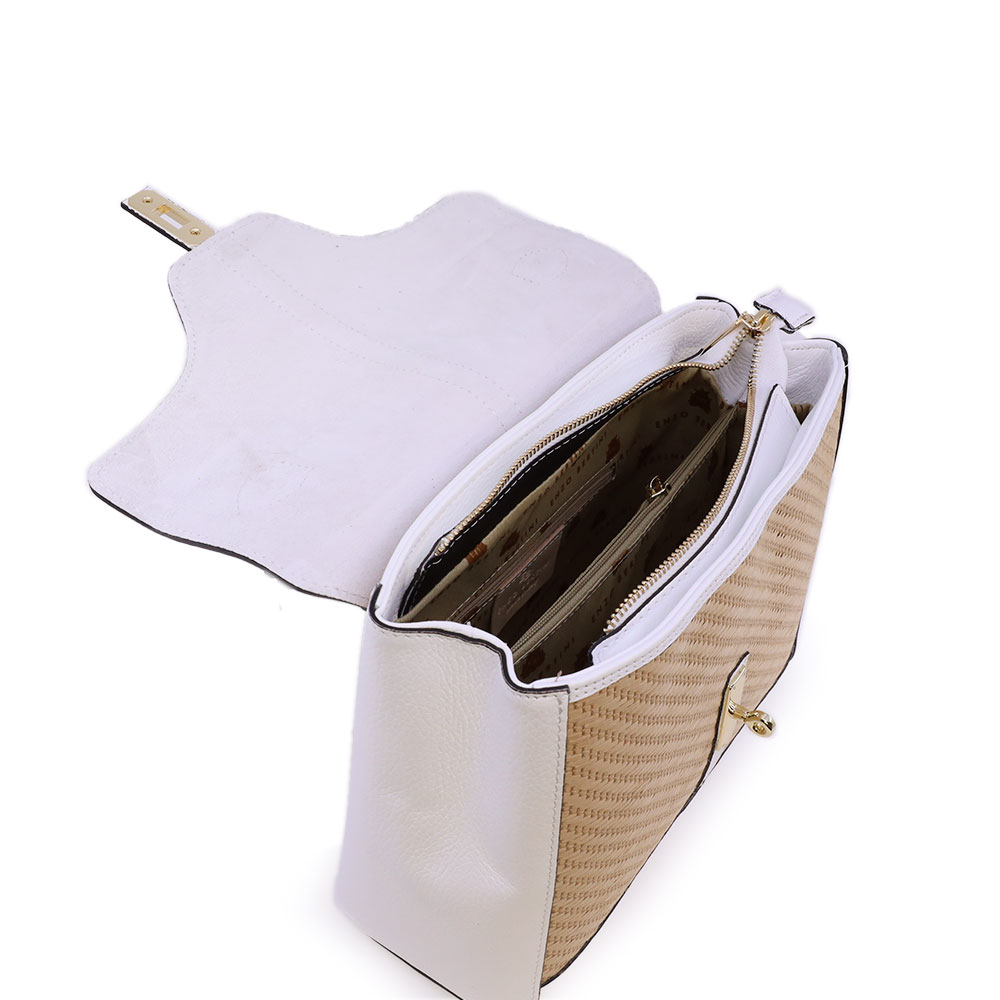 Poșetă satchel femei Enzo Bertini albă din piele naturală și rafie 154POSP3545A