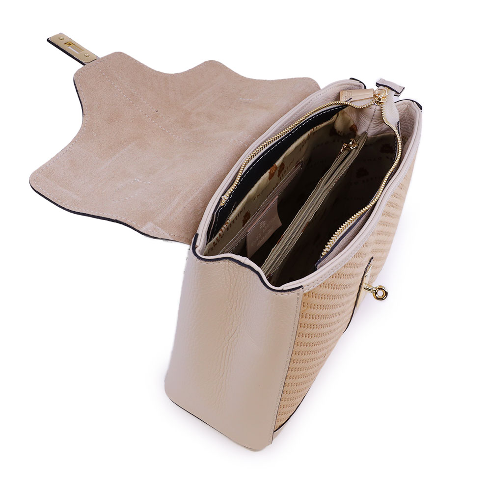 Poșetă satchel femei Enzo Bertini bej din piele naturală și rafie 154POSP3545BE