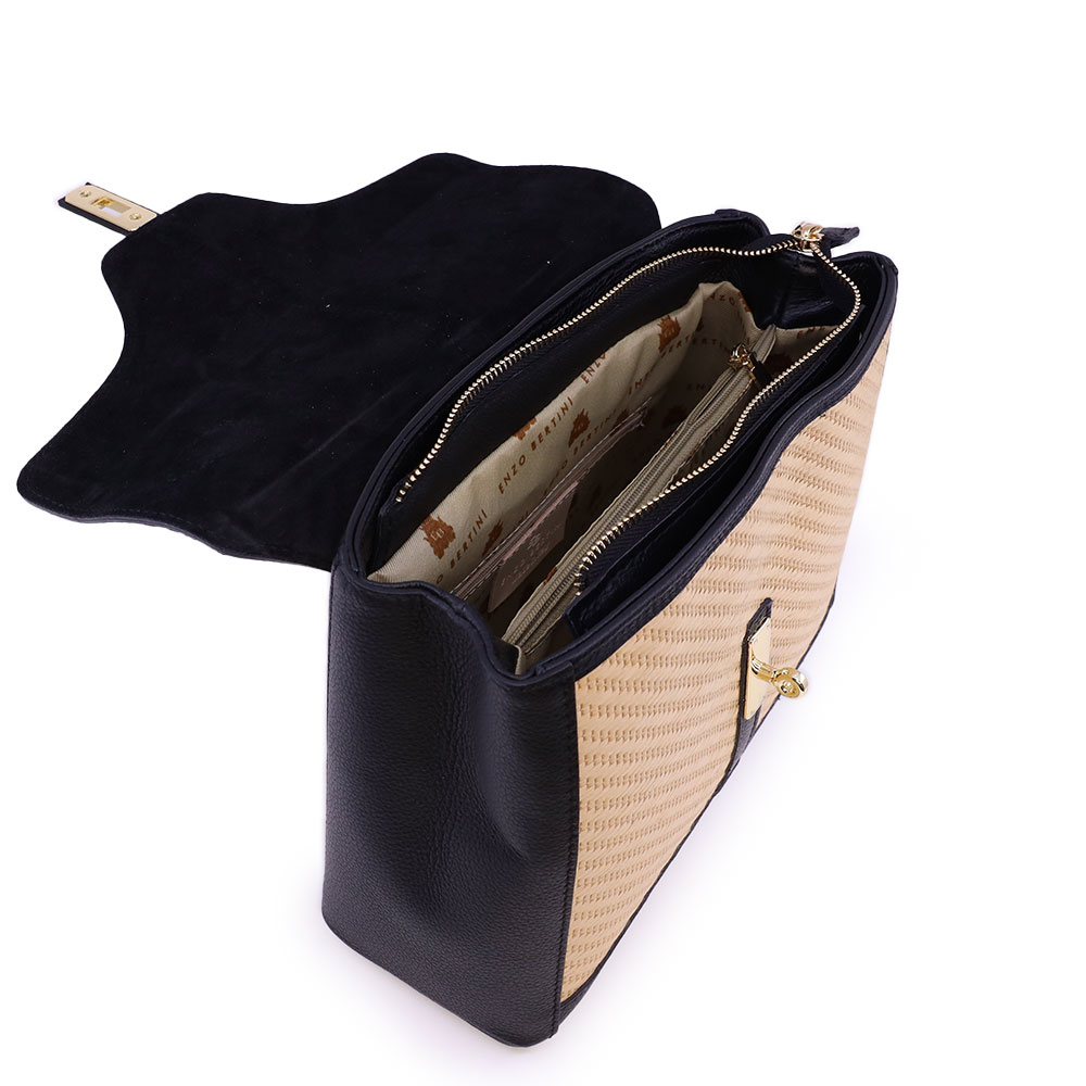 Poșetă satchel femei Enzo Bertini neagră din piele naturală și rafie 154POSP3545N