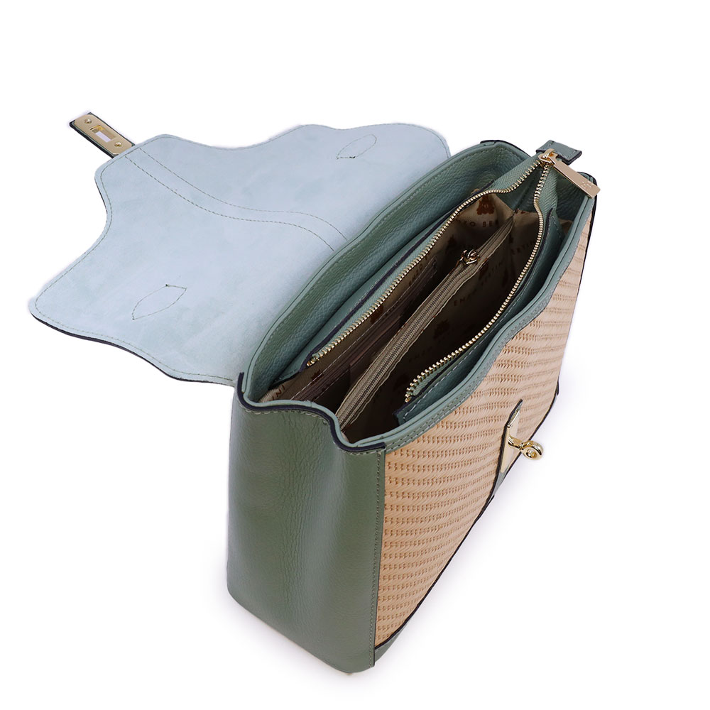 Poșetă satchel femei Enzo Bertini verde din piele naturală și rafie 154POSP3545V