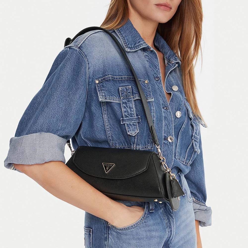 Poșetă satchel femei Guess Bolena Flap neagră cu logo 910POSSHWZG9207190N - 1 | YEO