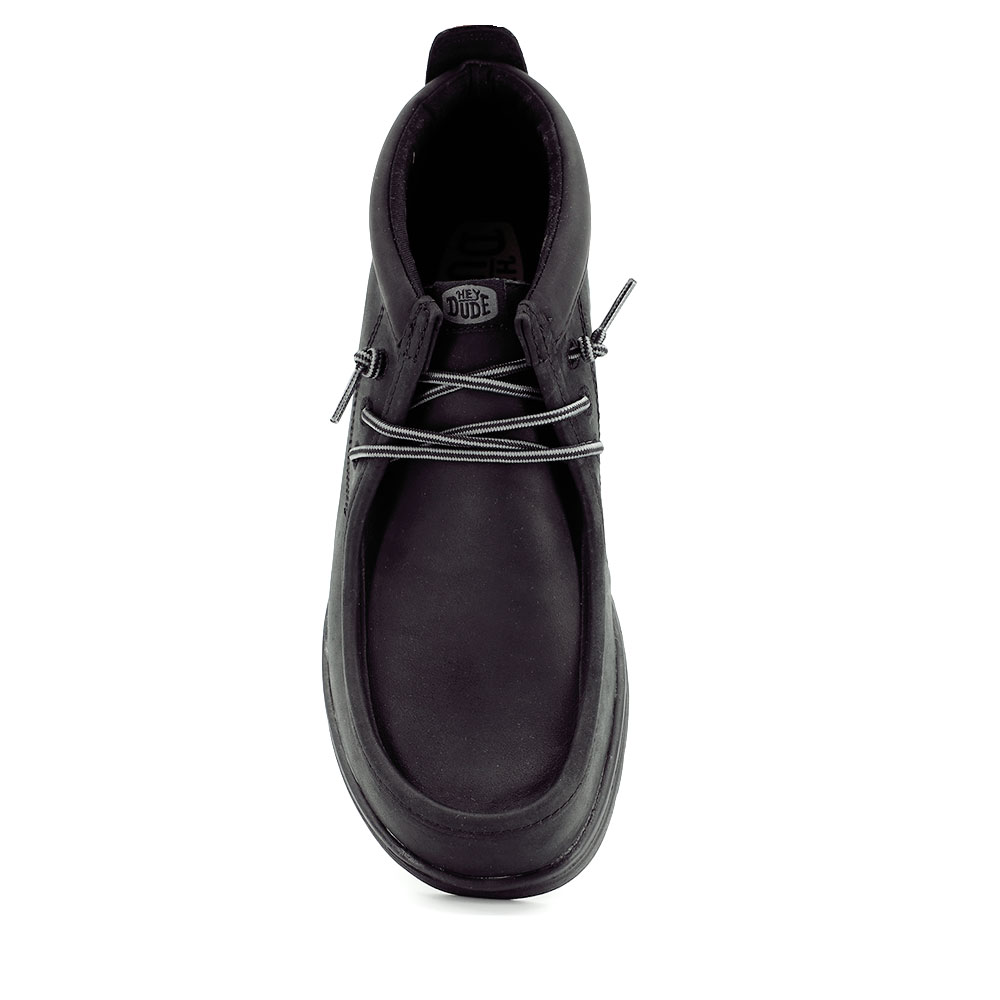 Ghete cu siret tip mocasini bărbați Hey Dude Wally Mid GripR Leather negre 3092BG45161N