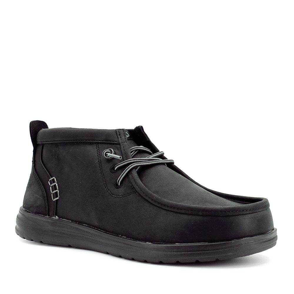 Ghete cu siret tip mocasini bărbați Hey Dude Wally Mid GripR Leather negre 3092BG45161N