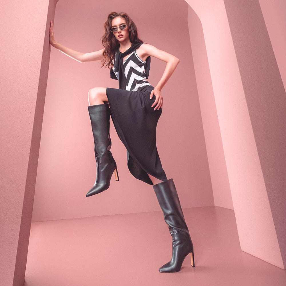 Cizme cu toc înalt femei Benvenuti negre din sintetic 25400DC9690N