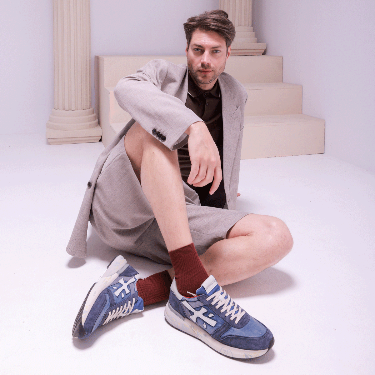 Sneakers bărbați Premiata Mick bleumarin din piele întoarsă și textil 1691BP8006BL