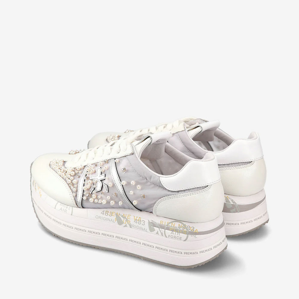 Sneakers femei Premiata Beth albi din piele întoarsă și textil tip fâș 1697DP6751A