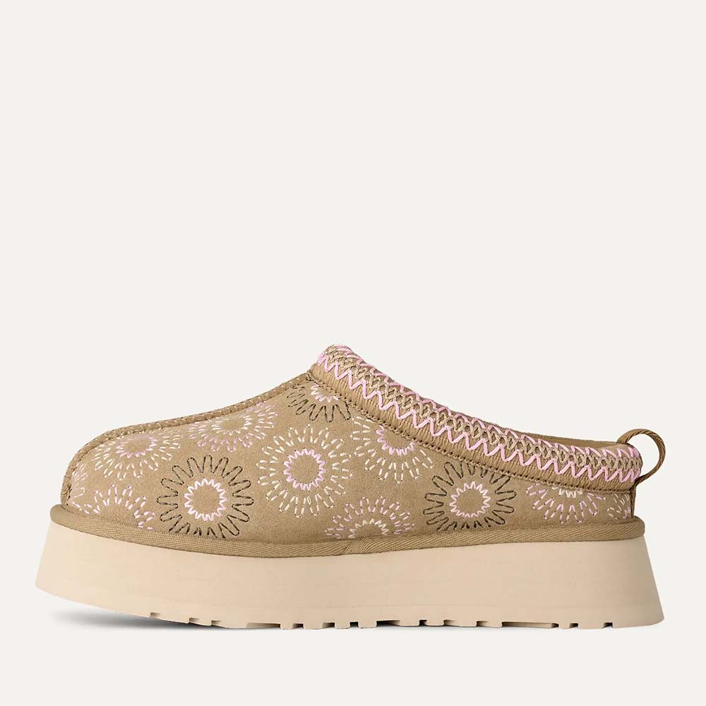 Saboți îmblăniți femei UGG Tazz Sun Stitch mustard seed din piele întoarsă 2391DPP1178193VBE
