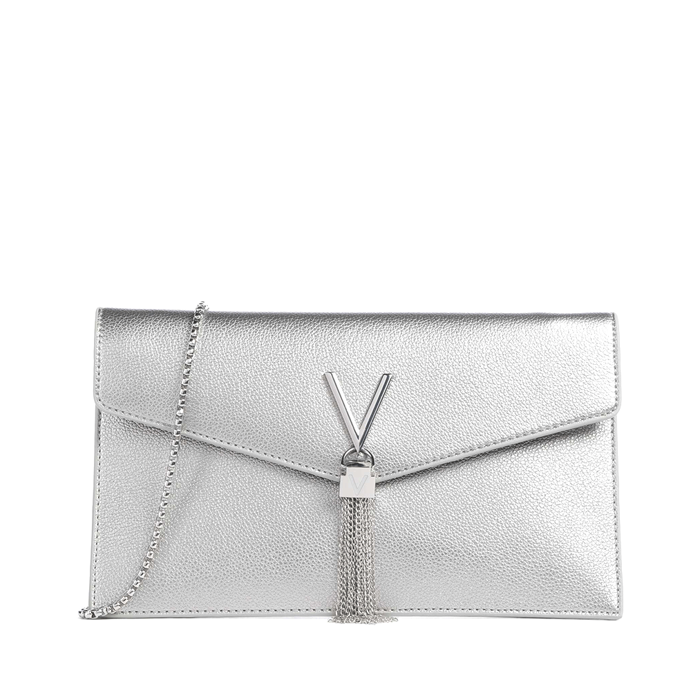 Poșetă plic femei Valentino Luxe argintie cu logo frontal 1951PLSVBS9XJ17AG